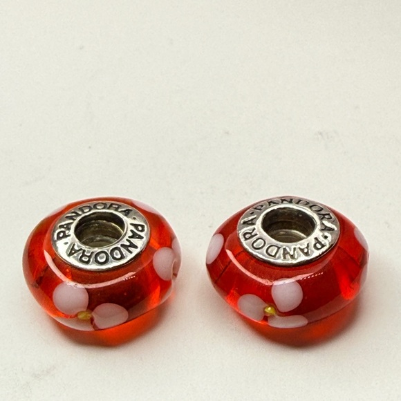 Retired Pandora Red Floral Murano Glass Charm – White Flower 925 ALE